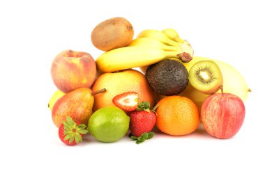 Beyaza izole edilmiş egzotik meyve çeşitleri