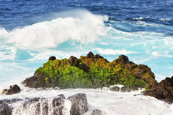 Onde Che Colpiscono Riva Del Mare Rocce Verdi — Foto Stock