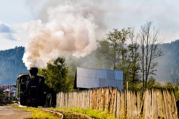 Menjalankan Lokomotif Pembakaran Kayu Mocanita Bucovina Rumania — Stok Foto