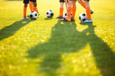 Futbol sahada eğitim çocuklar. Futbol futbol antrenman, çocuklar için. Güneşli bir futbol sahası. Futbol Stadı çim arka plan