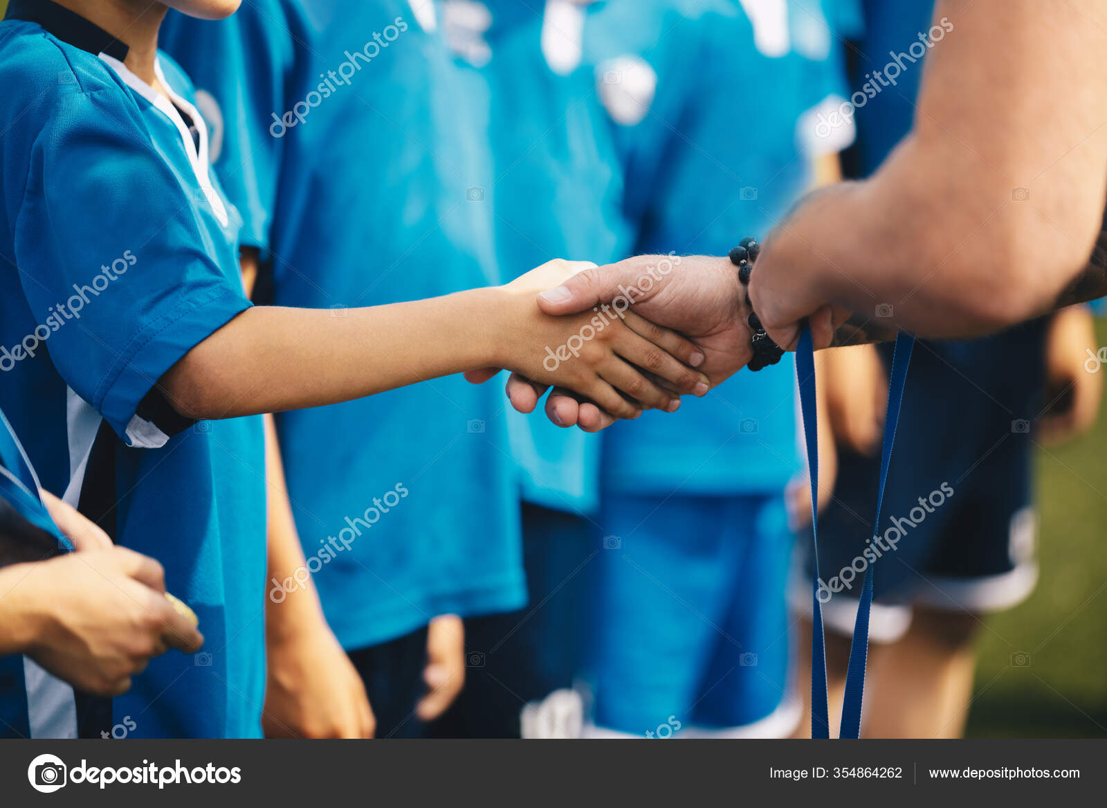 Soccer Handshake Ceremony Kids Getting Awarded Golden Medals School
