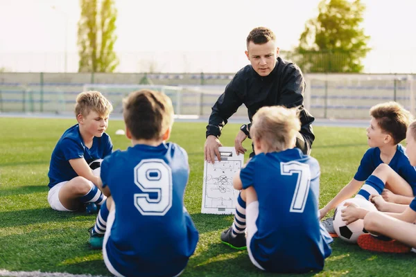 Young coach teaching kids on football field. Football coach coaching children. Soccer football training session for children. Football tactic education. Coach explains a game strategy using board