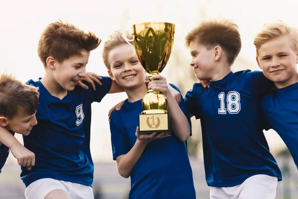 Children Winning Soccer Tournament Group Happy Boys Holding Golden Trophy — Stock Photo, Image