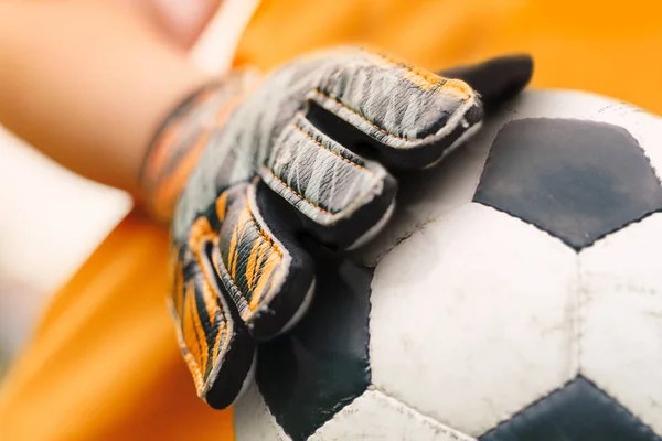 Soccer Background Detail Image Close Football Ball Sports Goalie Gloves — Stock Photo, Image