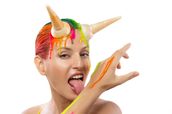 Sexy Young Woman Posing Horns Ice Cream White Background — Stock Photo, Image