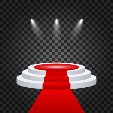 Ödül töreni için sahne. Kırmızı halılı podyum. Yaya taşı. Spot ışığı. Vektör illüstrasyonu.