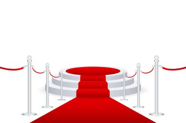 Ödül töreni için sahne. Kırmızı halılı podyum. Yaya taşı. Spot ışığı. Vektör illüstrasyonu.