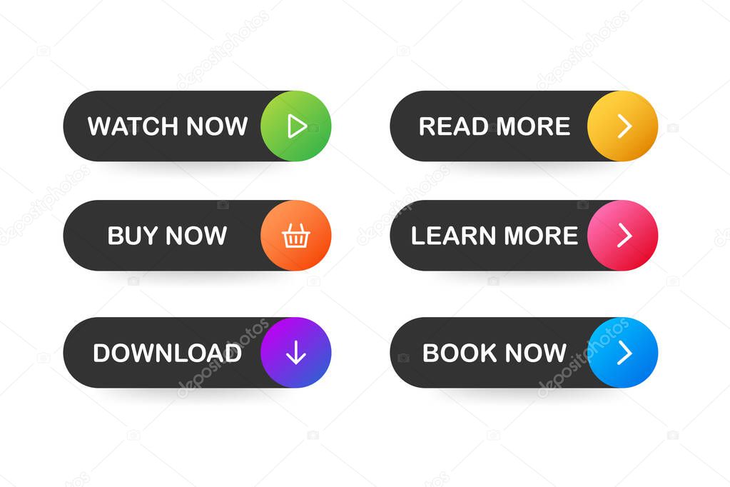 Set of vector modern trendy flat buttons. Different colors of main shapes.