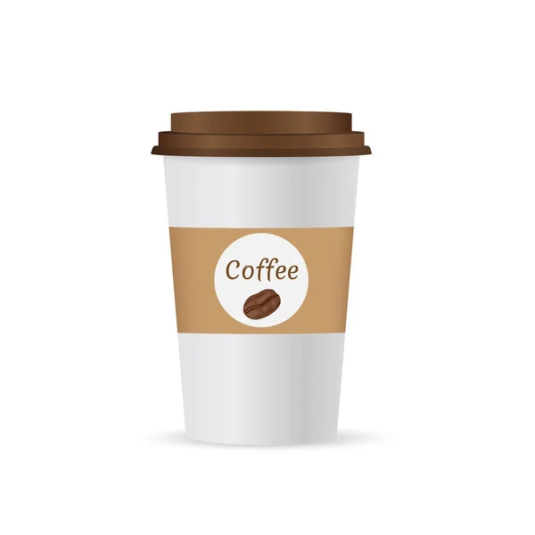 Caffè da asporto da vicino con tappo marrone e portabicchieri. Isolato su sfondo bianco. Illustrazione vettoriale — Vettoriale Stock