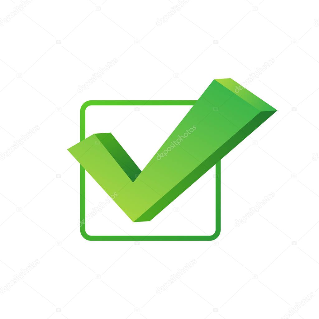 Checkmark. Green approved sticker on white background. Vector stock illustration.
