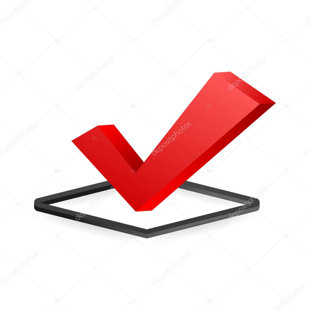 Checkmark. Red approved sticker on white background. Vector stock illustration.