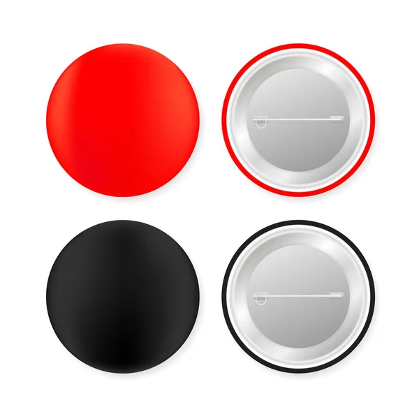 Pin jelvények. Piros és fekete kerek üres gomb. Szuvenír mágnes jelvény mockup. Vektorállomány illusztrációja. — Stock Vector