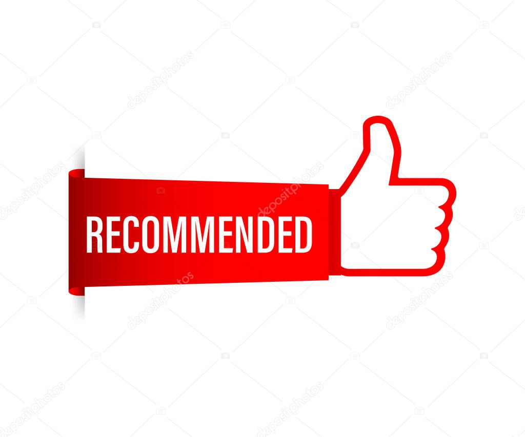 Recommend icon. White label recommended on red background. Vector stock illustration.