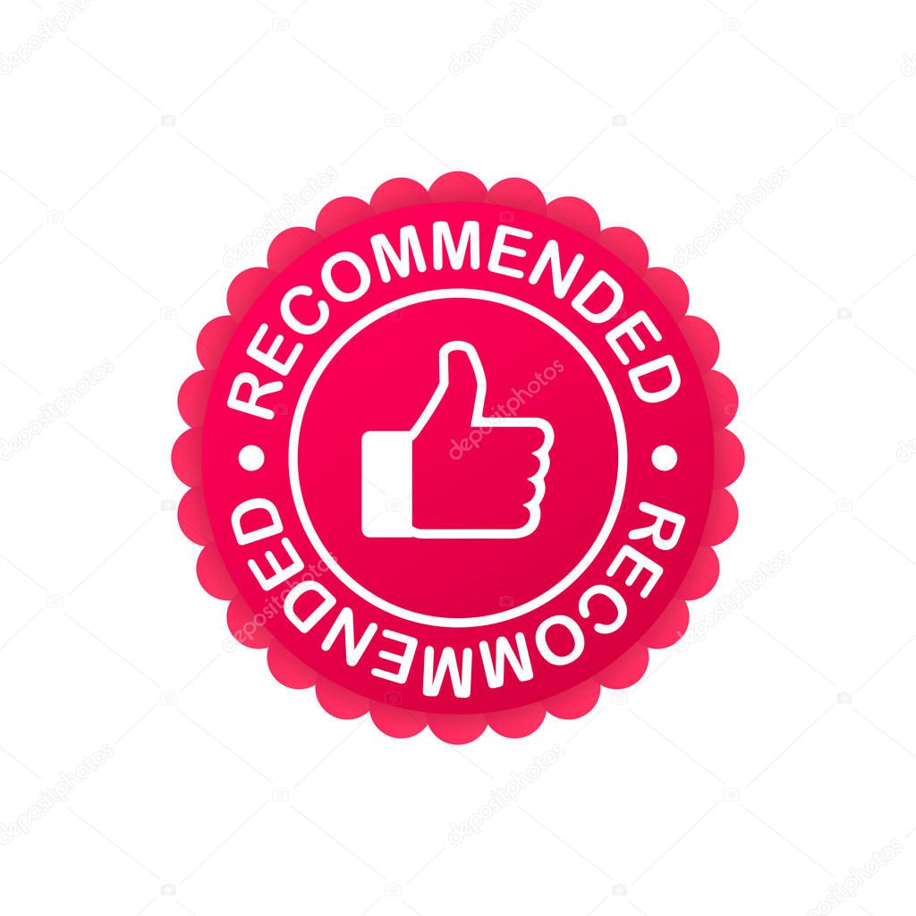 Recommend icon. White label recommended on blue background. Vector stock illustration.