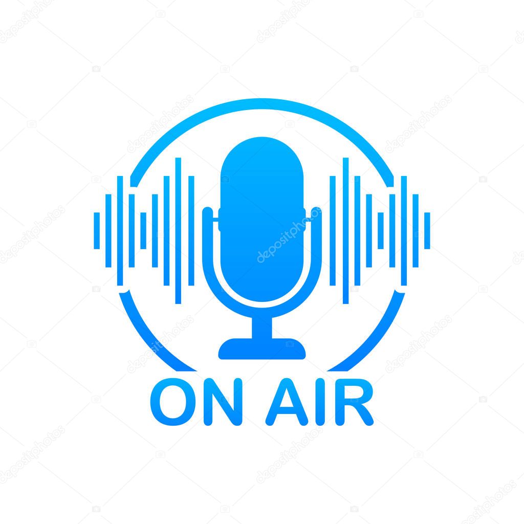 Podcast icon like on air live. Podcast. Badge, icon, stamp, logo. Radio broadcasting or streaming. Vector stock illustration.