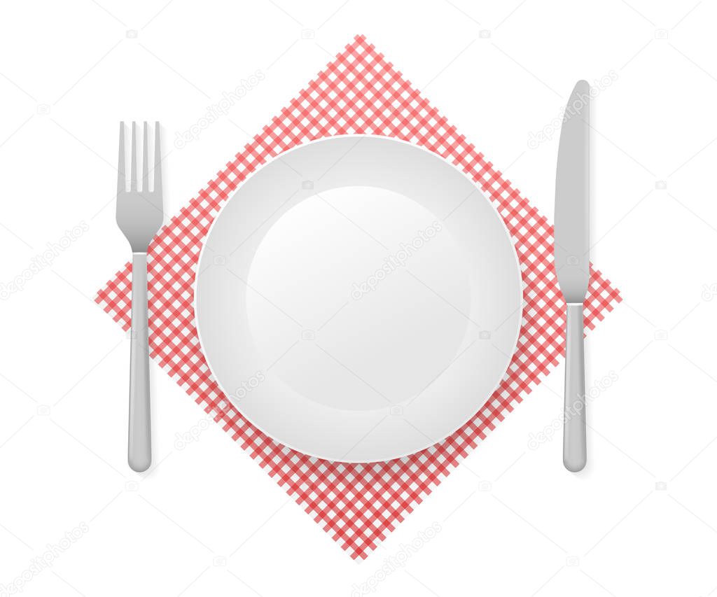 Dinner plate, knife and fork. Vector stock illustration.