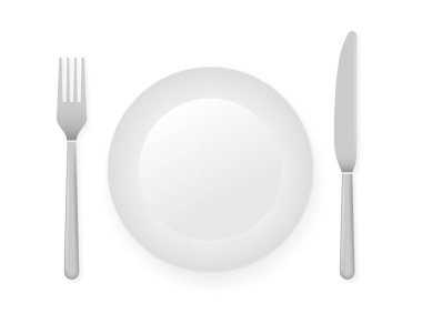 Yemek tabağı, bıçak ve çatal. Vektör stok illüstrasyonu.