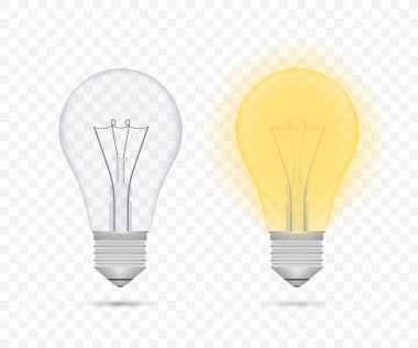 Gerçekçi şeffaf ampul. Lamba, parlak ampul. Vektör stok illüstrasyonu.