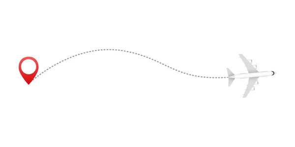 Icône de trajectoire de ligne d'avion de la route de vol d'avion avec le point de départ et trace de ligne de tiret. icône clip art de l'avion avec trajectoire piste . — Image vectorielle