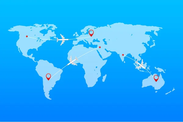 Mapa del mundo con trazas discontinuas y aviones volando. Ilustración de stock vectorial . — Vector de stock