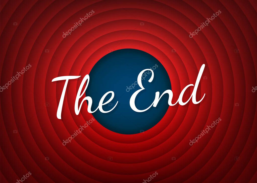 The End handwrite title on red round background. Old movie circle ending screen. Vector stock illustration