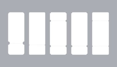 Boş bilet modelleme şablonu seti. Gri arka planda izole edilmiş gerçekçi beyaz kağıt kupon. Vektör stok illüstrasyonu.