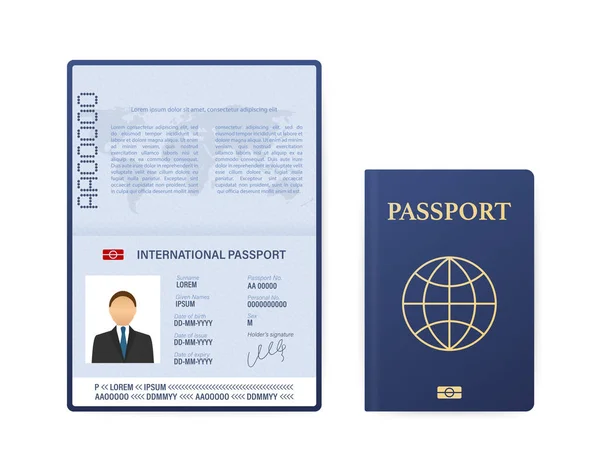Λευκό υπόδειγμα ανοιχτού διαβατηρίου. Διεθνές διαβατήριο με δειγματοληπτική σελίδα προσωπικών δεδομένων. Εικονογράφηση διανύσματος. — Διανυσματικό Αρχείο