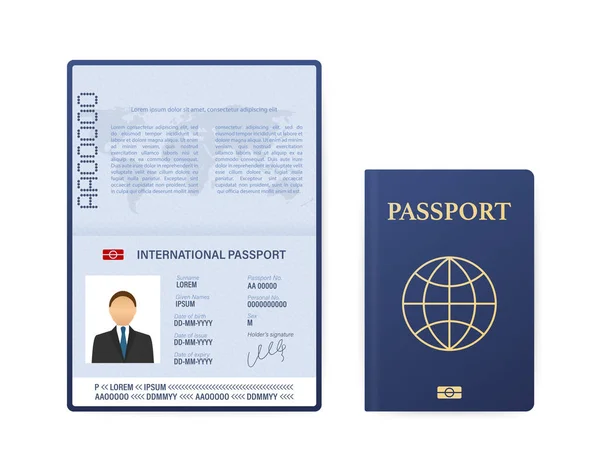 Plantilla de pasaporte abierto en blanco. Pasaporte internacional con muestra de página de datos personales. Ilustración de stock vectorial. — Vector de stock