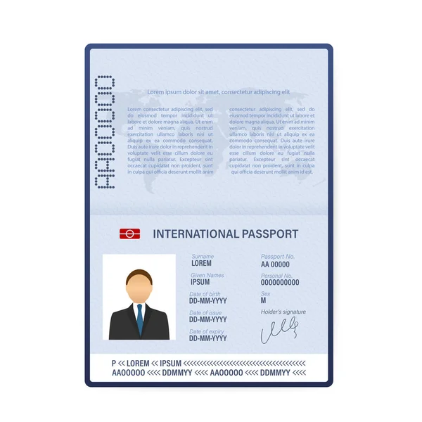 Modèle de passeport ouvert vierge. Passeport international avec exemple de page de données personnelles. Illustration vectorielle. — Image vectorielle