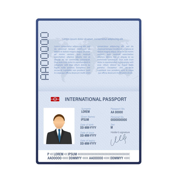 Blank open passport template. International passport with sample personal data page. Vector stock illustration.