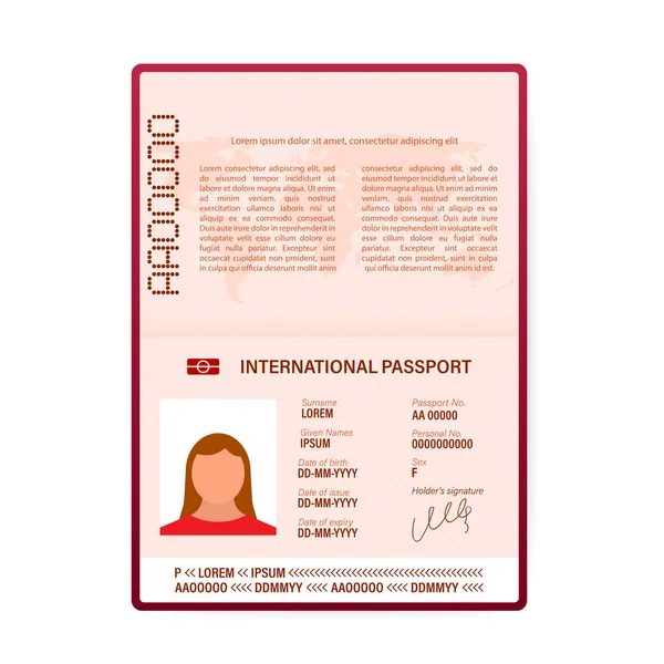 Λευκό υπόδειγμα ανοιχτού διαβατηρίου. Διεθνές διαβατήριο με δειγματοληπτική σελίδα προσωπικών δεδομένων. Εικονογράφηση διανύσματος. — Διανυσματικό Αρχείο