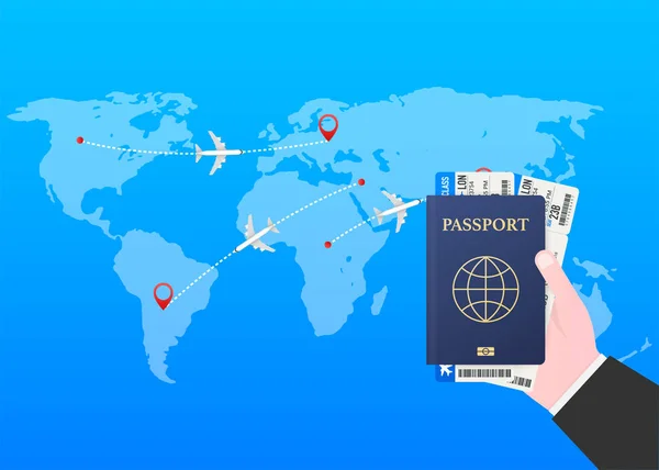 Passport for travel and tourism. Passport in hand. Man holds in his hand the document. Vector stock illustration. — 스톡 벡터