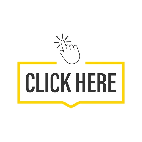 Click here button with hand pointer clicking. Vector stock illustration. — Stock Vector