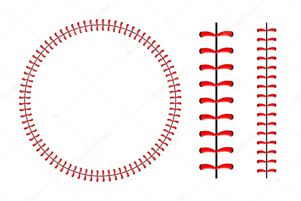 Baseball ball stitches, red lace seam isolated on background.