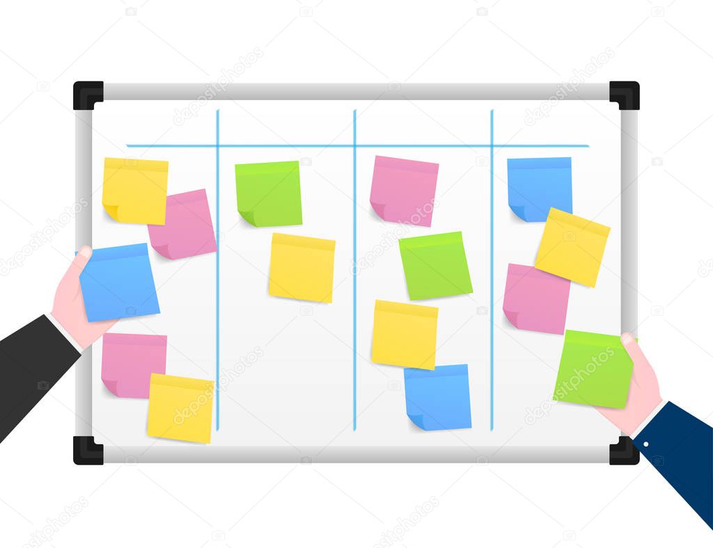 Board with Color Sticky Notes and Markers for Management. Weekly planner. Vector stock illustration.