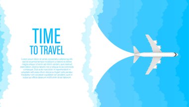 Seyahat zamanı. Mavi arka planda beyaz bir uçak, afiş, izole edilmiş. Mavi arka planda beyaz uçak profili, afişi, izole edilmiş.