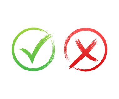 Kene ve çapraz işaretler. Yeşil işaret tamam ve kırmızı X simgesi. Semboller EVET ve Oy için HAYIR. Vektör stok illüstrasyonu.