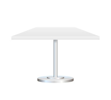 Beyaz arka planda izole metal stand ile gerçekçi boş yuvarlak masa. Vektör Stok illüstrasyon.
