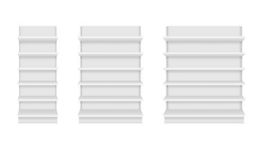 Arkaplanda boş raflar var. Perakende raf tasarımı. Vektör stok illüstrasyonu.