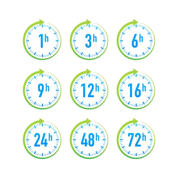 12, 24, 48, 72 horas de seta do relógio. Efeito de tempo de trabalho ou tempo de serviço de entrega. Ilustração do estoque vetorial. — Vetor de Stock