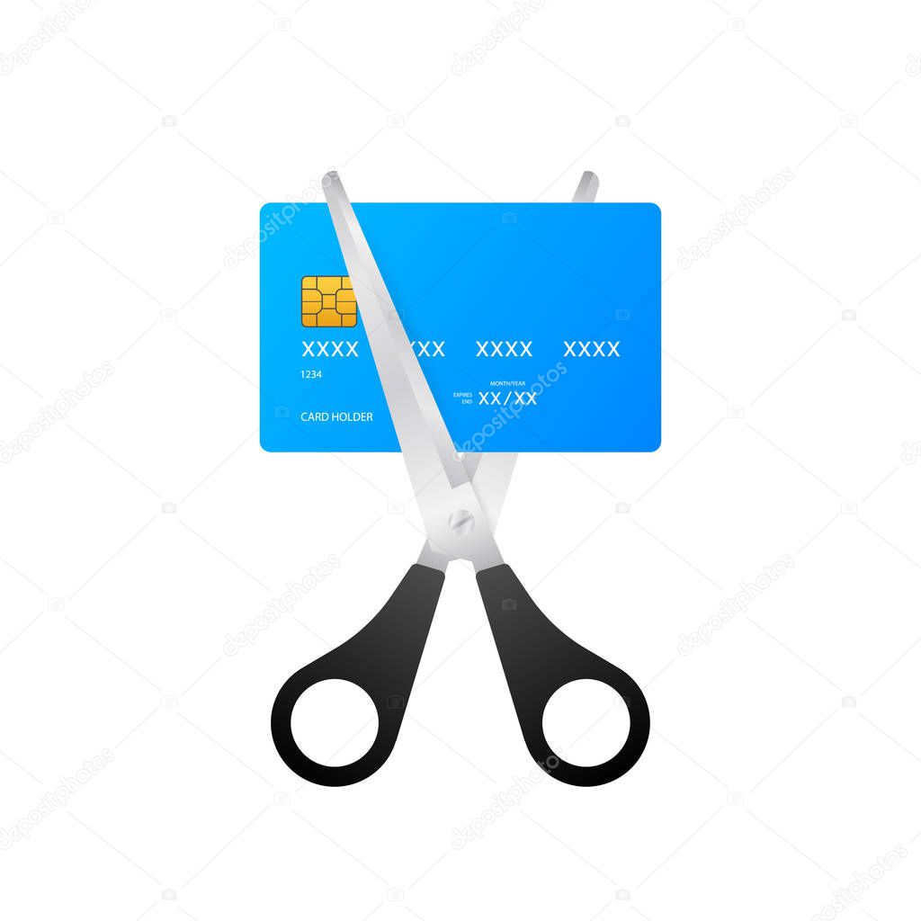 Scissors cutting credit card. Vector stock illustration.