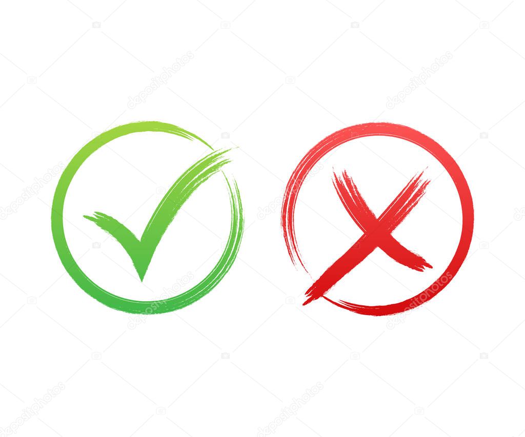 Tick and cross signs. Green checkmark OK and red X icon. Symbols YES and NO button for vote. Vector stock illustration.