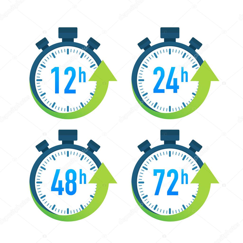 12, 24, 48, 72 hours clock arrow. Work time effect or delivery service time. Vector stock illustration.