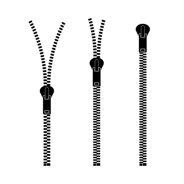 Cremalleras tipo conjunto de cierre. Cremalleras y tiradores metálicos cerrados y abiertos. Ilustración vectorial . — Vector de stock