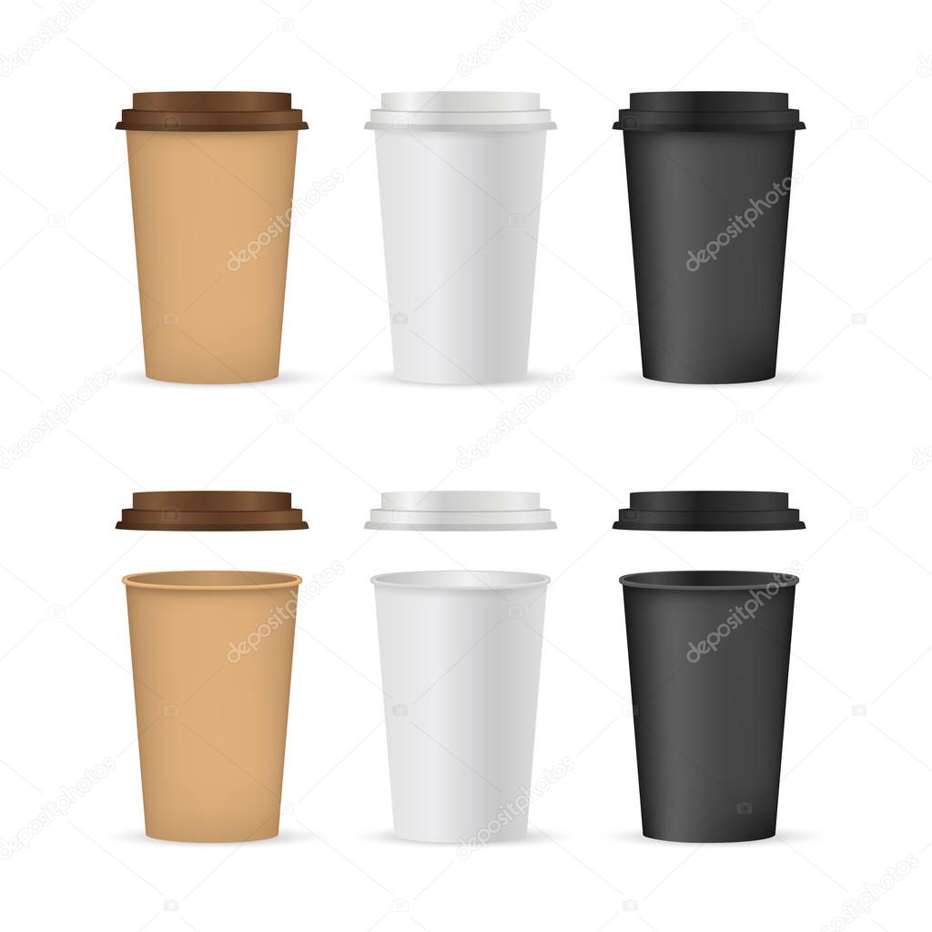 Close up take-out coffee with brown cap and cup holder. Isolated on white background. Vector Illustration