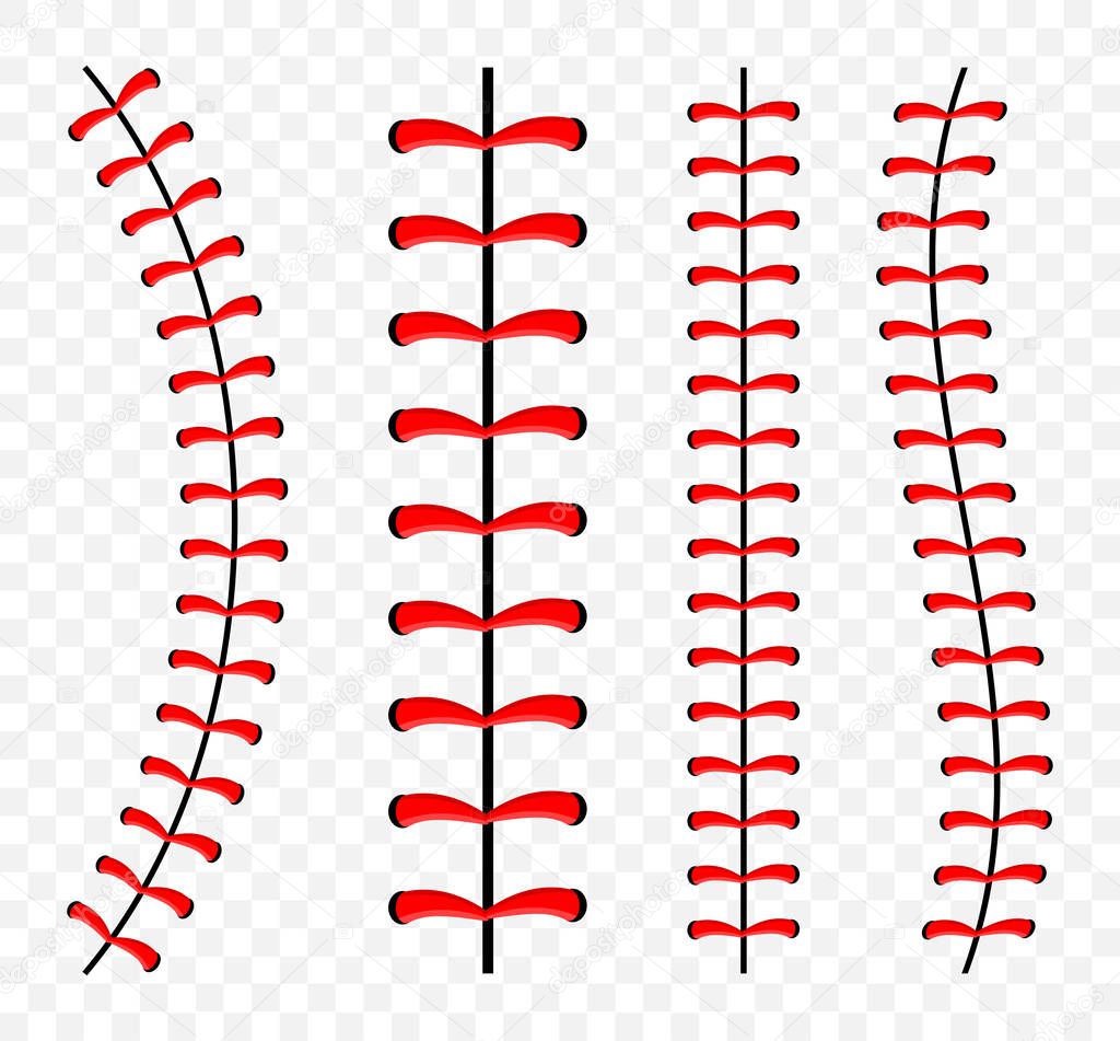 Baseball ball stitches, red lace seam isolated on background.