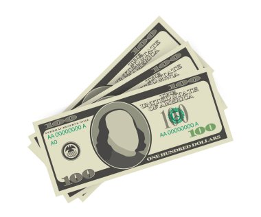 Beyaz arka planda 100 dolarlık banknot. Para için. Vektör stok illüstrasyonu.