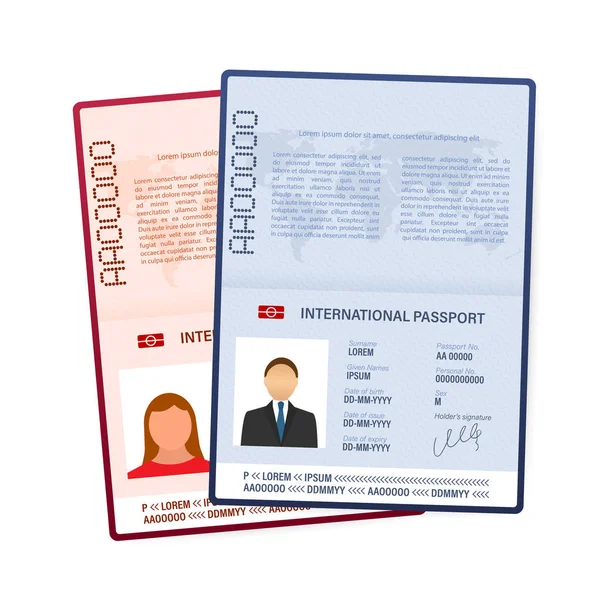 Prázdná šablona otevřeného pasu. Mezinárodní cestovní pas se vzorovou stránkou osobních údajů. Obrázek vektorové populace. — Stockový vektor