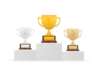 Altın, Gümüş ve Bronz Kupa ödülü mavi podyumda. İş ya da spor başarıları, şampiyon. Vektör stok illüstrasyonu.