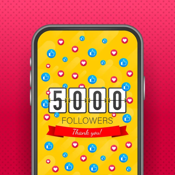 5000 volgers, Dank u, sociale sites post op smartphone. Dank u volgelingen felicitatiekaart. Voorraadillustratie van vectoren — Stockvector